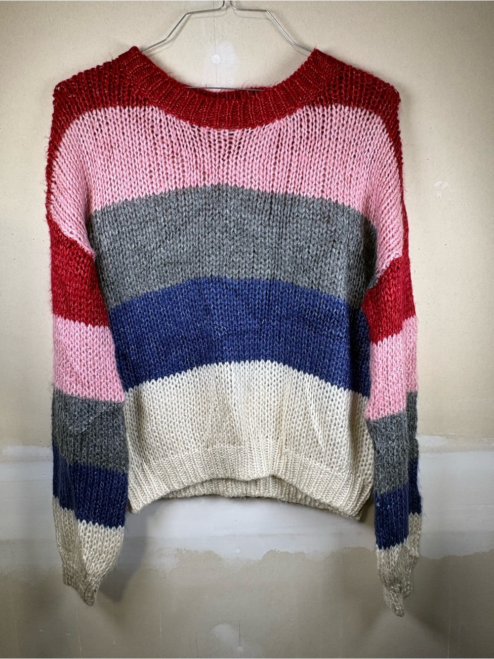 Peach Love California Striped Crewneck Sweater in Red, Pink, Gray, Blue, Cream